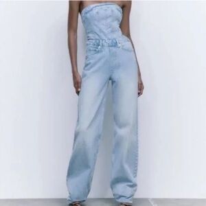 Zara Denim Strapless Jumpsuit size small
